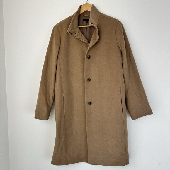 Uniqlo Coat Womens XL Camel Tan Wool Cashmere Stand Collar Mock Neck Classic - Picture 2 of 12
